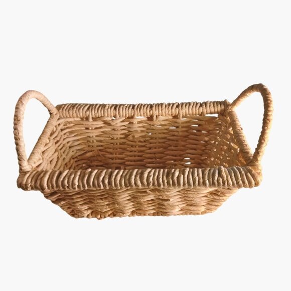 Handwoven Rectangular Wicker Basket Handles Natural Rustic Storage Farmhouse - Picture 2 of 5